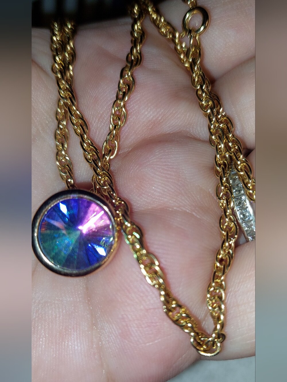 Goldtone Chain Necklace Upcycled Vintage Earring with Iridescent Purple Pendant